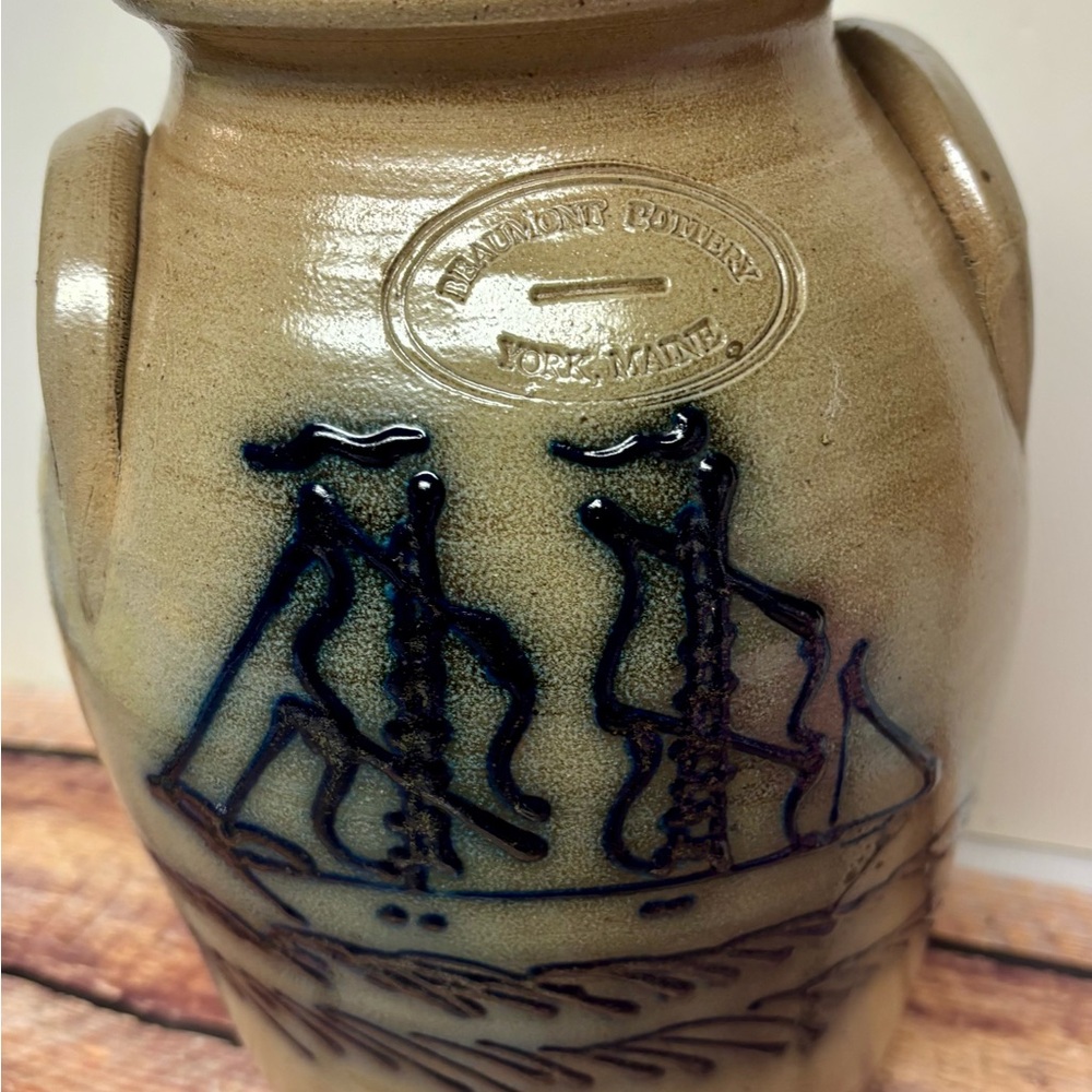 Beaumont Pottery York Maine Stoneware Crock Vase Blue Ship Design Handcrafted